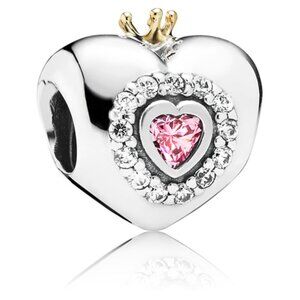 PANDORA Princess Heart Charm Authentic Silver 14K Gold Crown Pink Zirconia Love